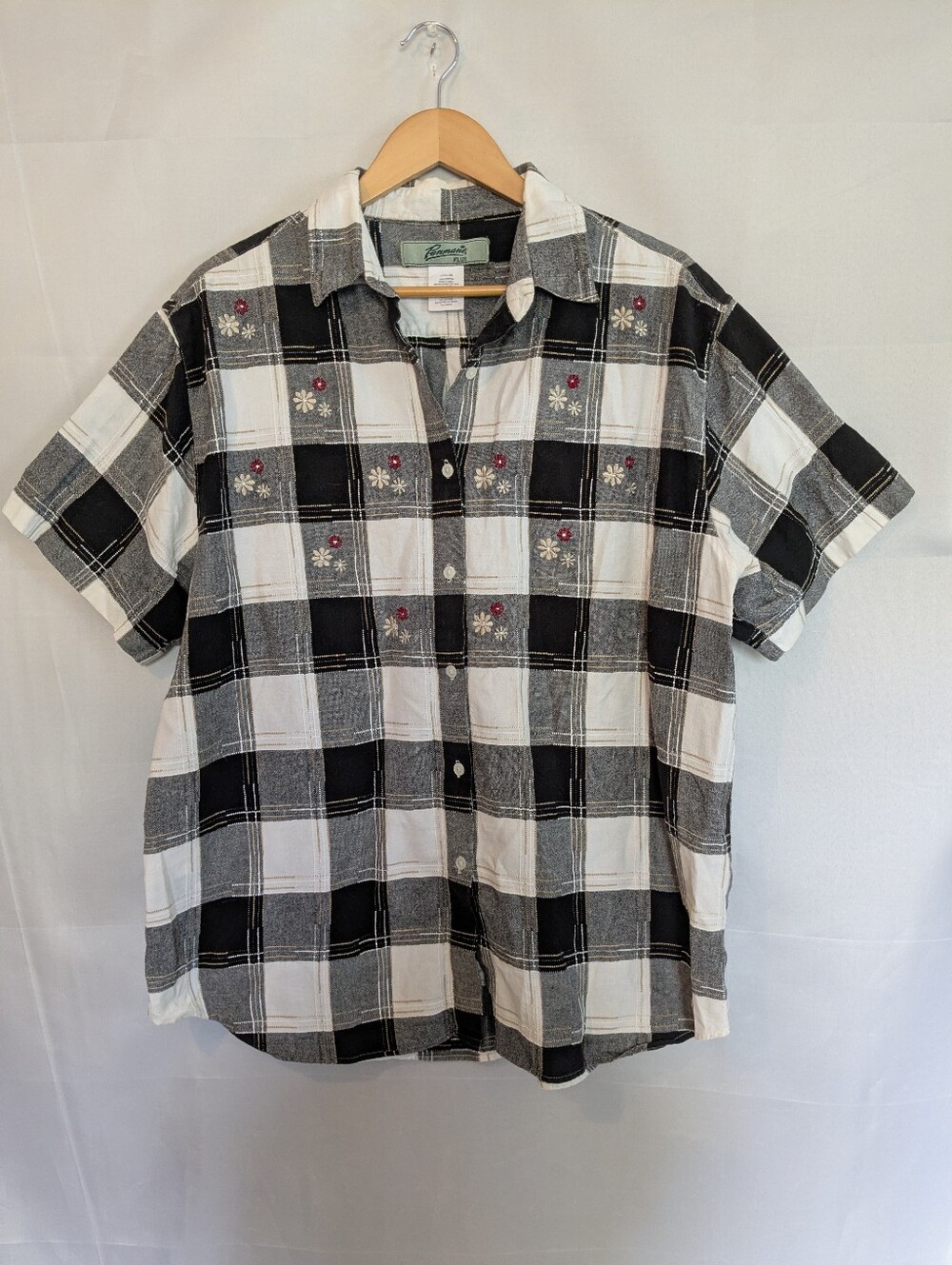 Vintage Penmans Plus Plaid Floral Embroidered Button Down Top Cotton 20 22 2X